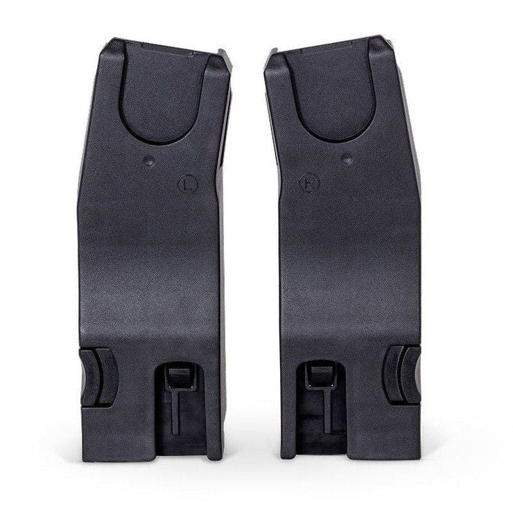 A pair of black plastic stroller car seat adapters marked with "L" and "R" labels.