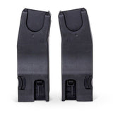 A pair of black plastic stroller car seat adapters marked with "L" and "R" labels.