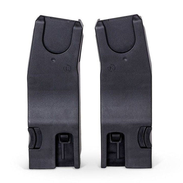 A pair of black plastic stroller car seat adapters marked with "L" and "R" labels.