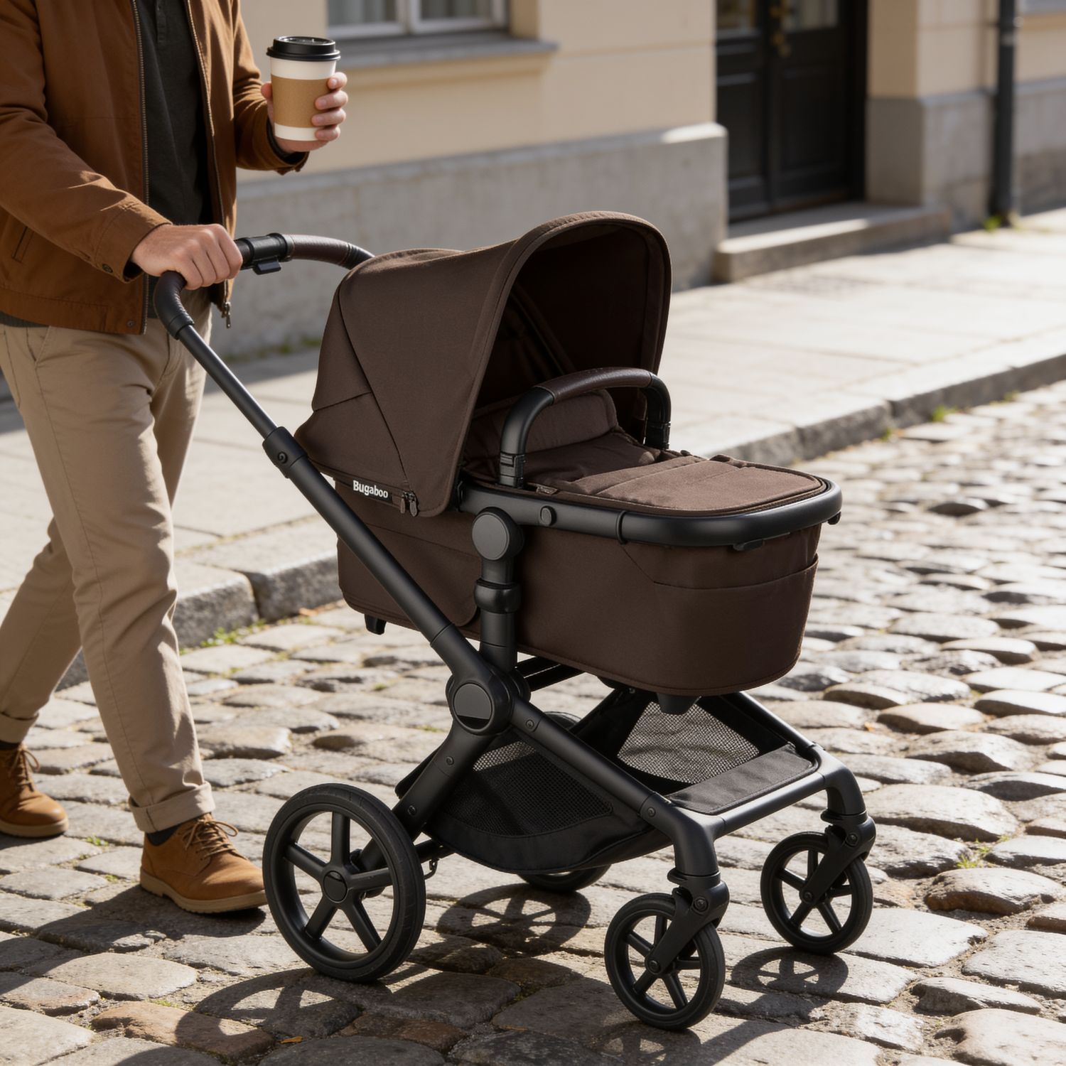 A person pushes a brown Bugaboo Fox 5 stroller with a bassinet along a sunny cobblestone sidewalk.
