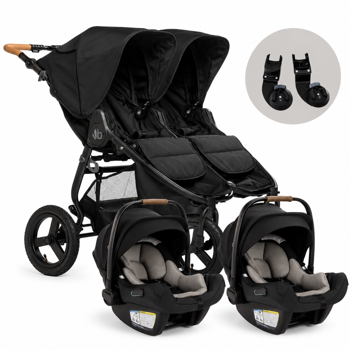 
A black double stroller travel system with two infant car seats attached, shown on a clean white background. An inset circle in the upper right shows two black mounting clips, likely included accessories.