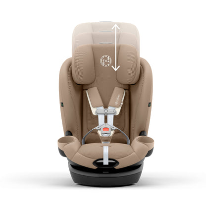 Beige Callisto child car seat with height adjustment feature on a white background