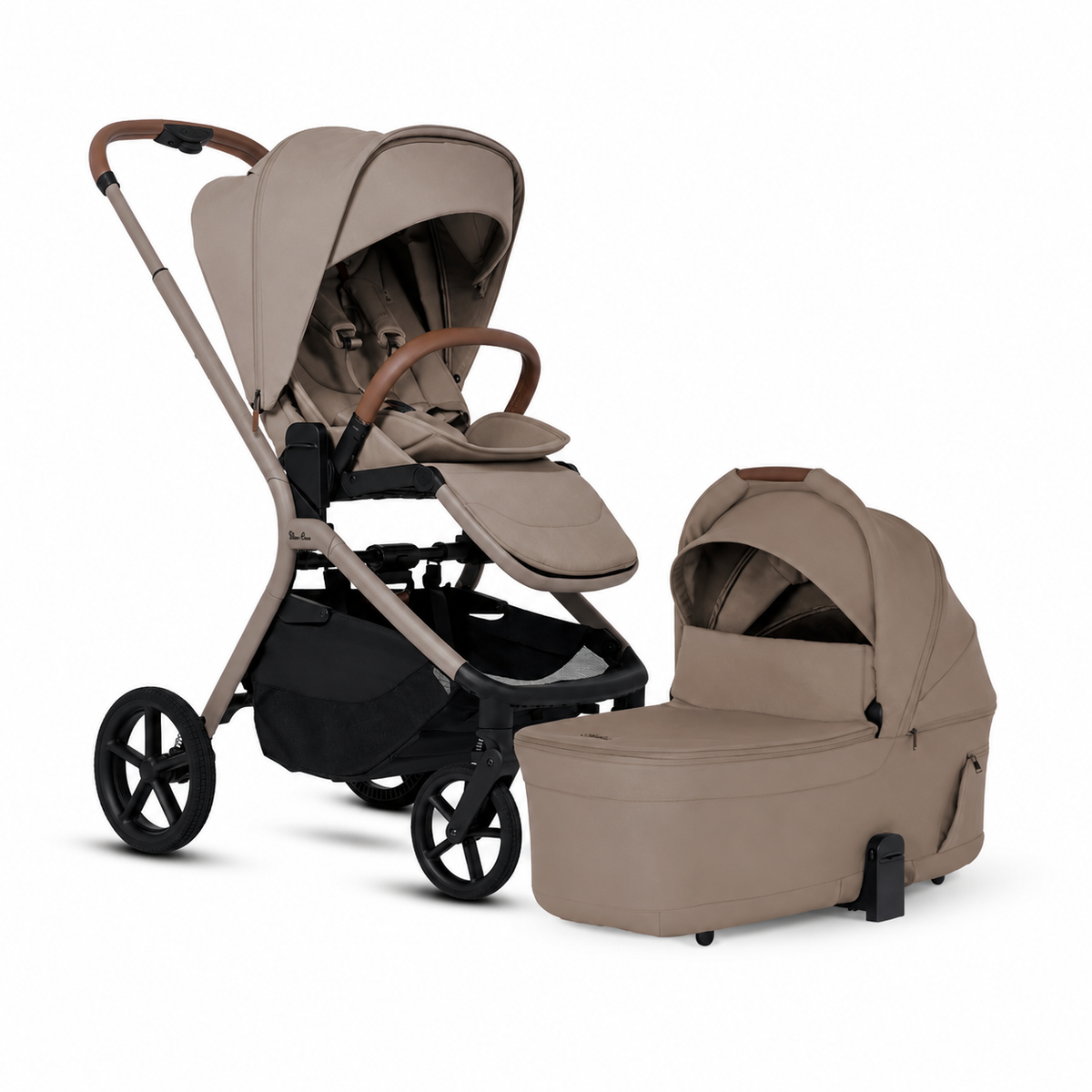 A beige champagne-colored baby stroller with a matching champagne and black frame alongside a matching champagne-colored detachable bassinet, both set against a white background.