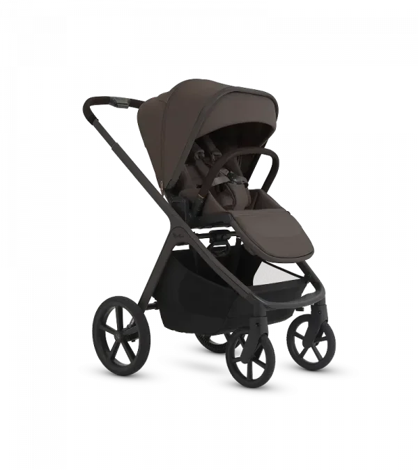 A modern stroller in a dark brown and black colorway, shown from a three-quarter front angle against a solid white background.