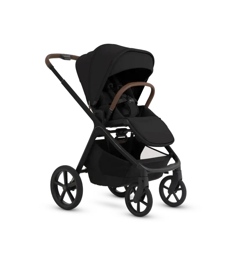 Black stroller with brown accents on a white background