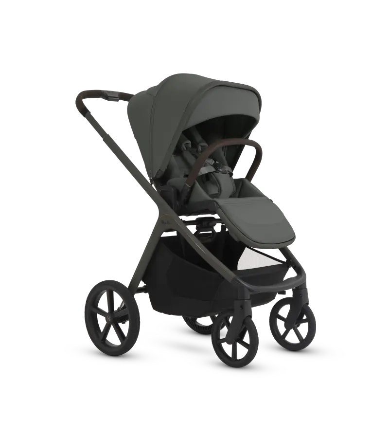 Black stroller with a gray canopy on a white background
