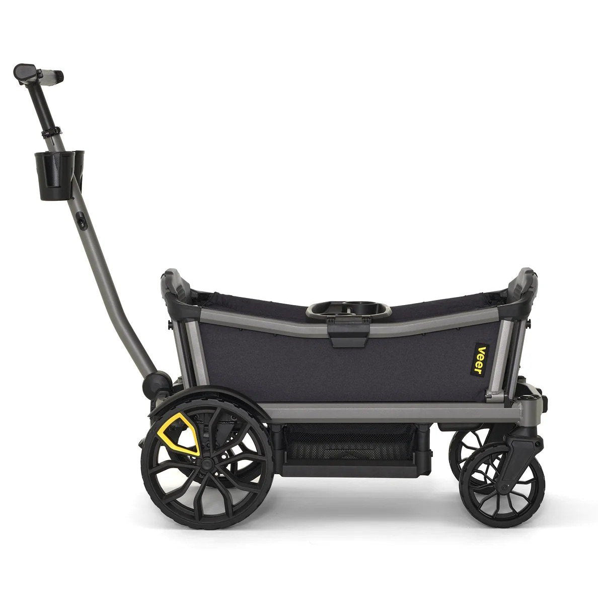 
Black and gray stroller wagon with yellow accents on a white background