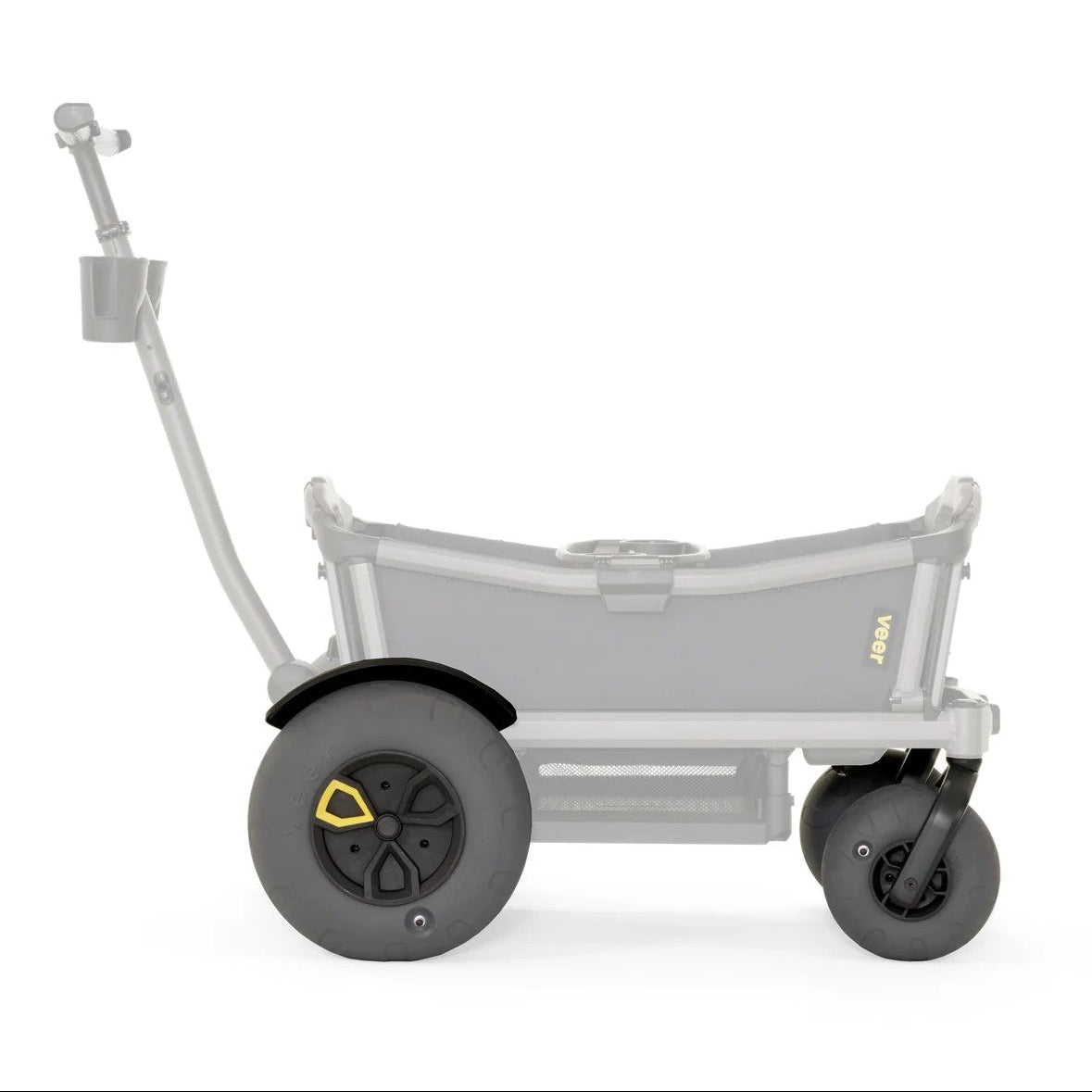 
A light gray stroller with a matching handle and two black wheels, shown from the side against a plain white background.