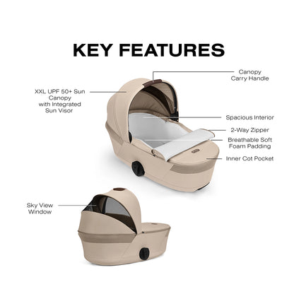 Cybex Balios Fold Cot visual explaining key features, including canopy carry handle, large UPF 50+ sun canopy with integrated sun visor, spacious interior, 2-way zipper, breathable soft foam padding, inner cot pocket, and sky view window.