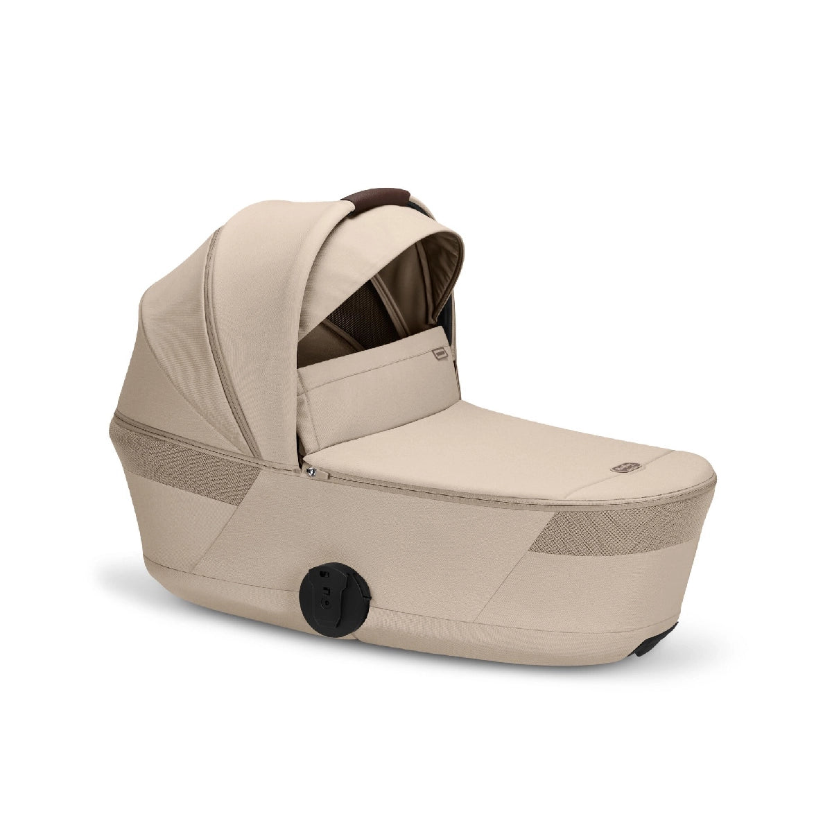 Cybex Balios Fold Cot in Almond Beige Product Image with Hood and Visor up