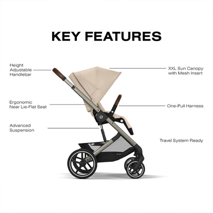 Cybex Balios S Lux Stroller Graphic showing key features like height adjustable handlebar, xxl sun canopy with mesh insert, ergonomic near lie-flat seat, one-pull harness, advanced suspension and noting that it's travel system ready.
