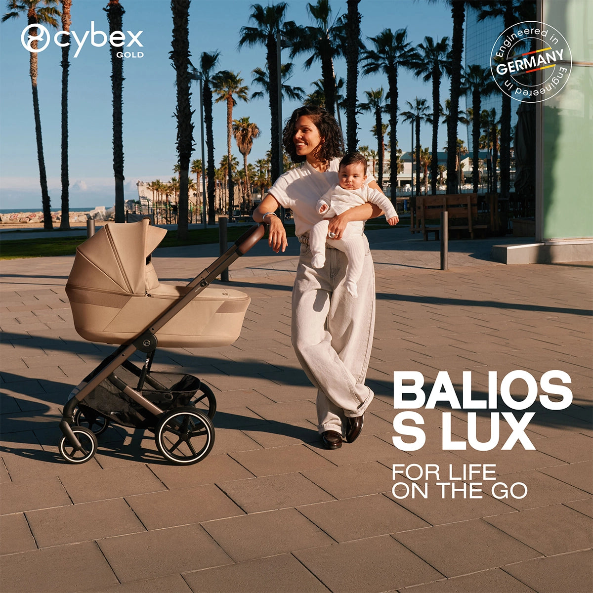 Cybex Balios Fold Cot on Balios S Lux Stroller on the beach paved roads with baby and mom lifestyle