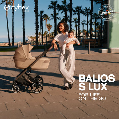 Cybex Balios Fold Cot on Balios S Lux Stroller on the beach paved roads with baby and mom lifestyle