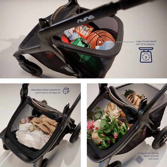 [Caviar] Nuna stroller basket with various items and features highlighted on a light background