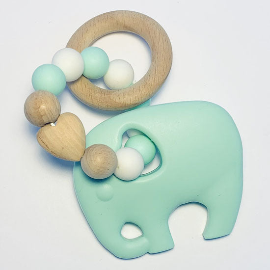 Sugar + Maple Silicone with Beechwood Teether- Elephant Mint