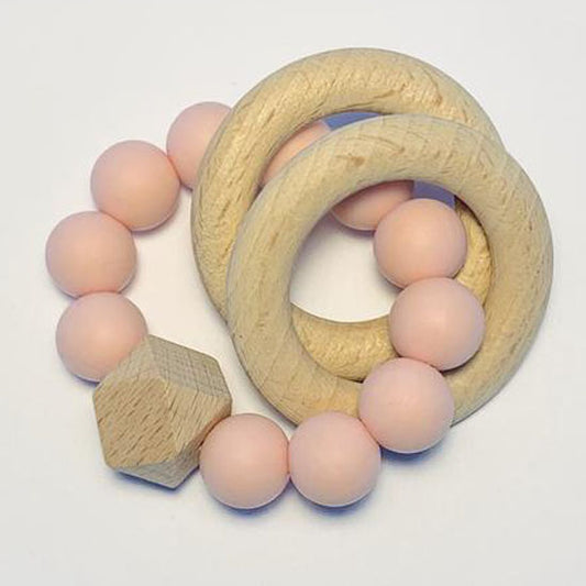 Sugar + Maple Silicone with Beechwood Teether - Rings Pink