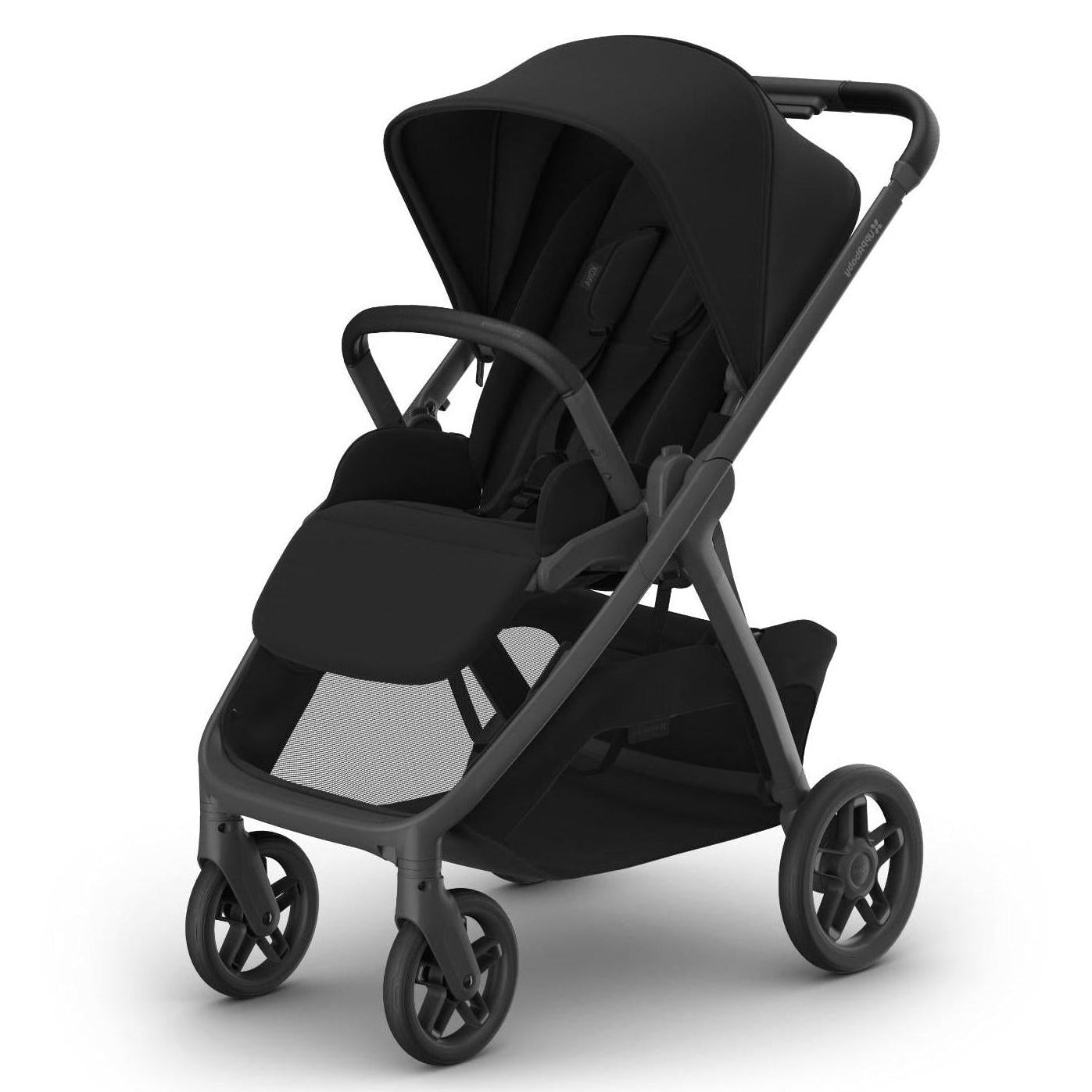 A sleek black four-wheel baby stroller with an extended sun canopy and lower storage basket, isolated on a white background.