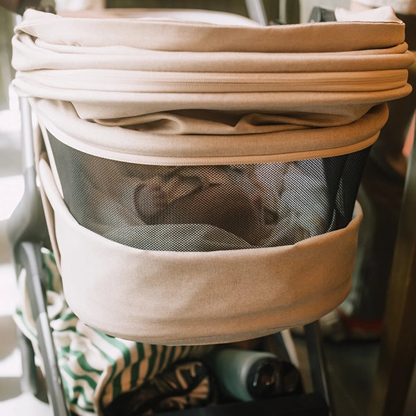 Joolz Hub² Compact Lightweight Stroller with Newborn Carry Cot in Sandy Taupe with Ventilation Lifestyle