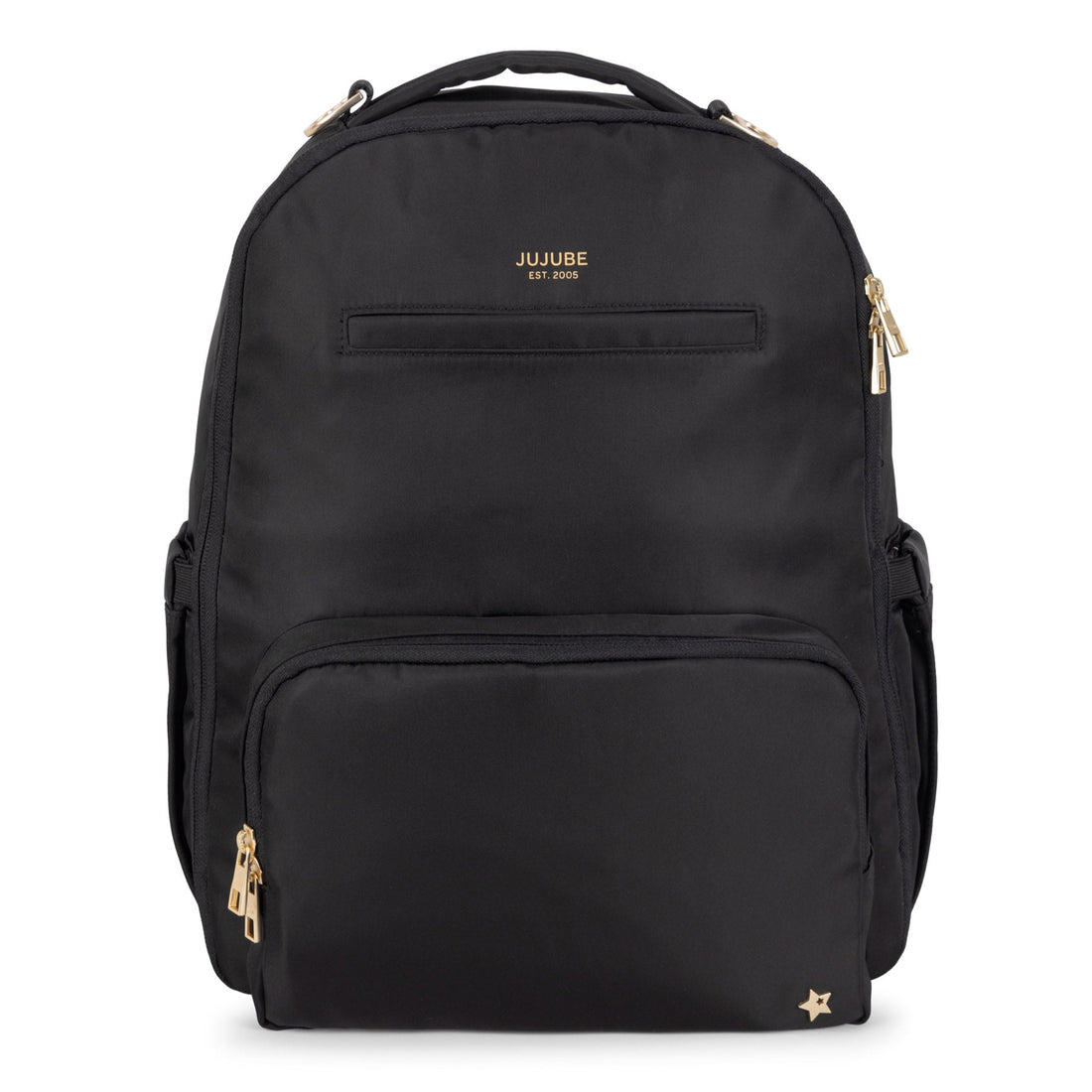 Black backpack with gold accents on a white background made by jujube 