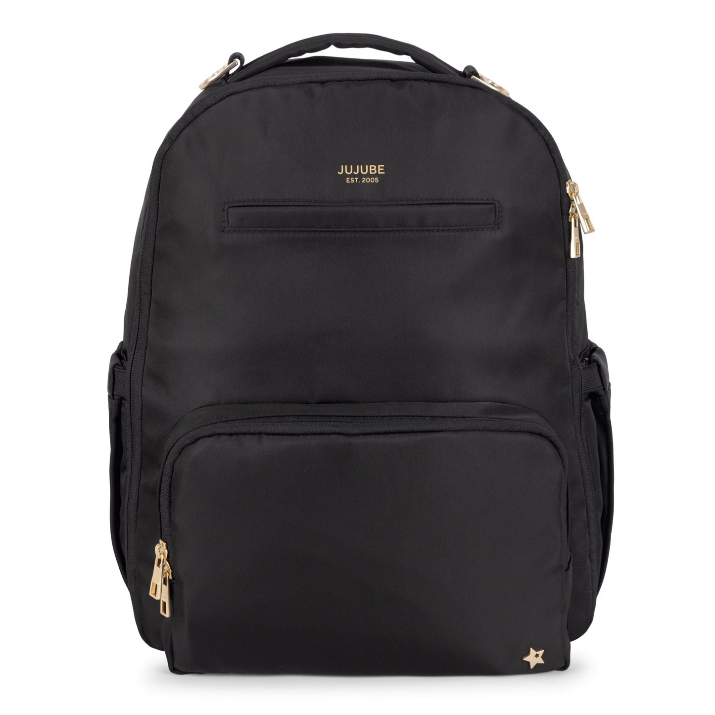Black backpack with gold accents on a white background made by jujube 