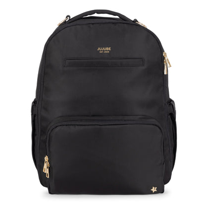 Black backpack with gold accents on a white background made by jujube 