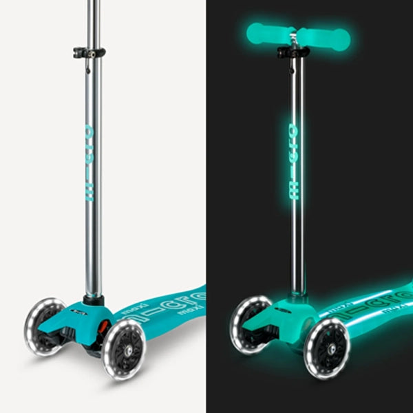 Micro Kickboard Maxi Glow Plus LED Scooter in Jelly Green comparison between night and day