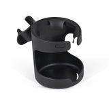 Black plastic cup holder attachment with a side clip.