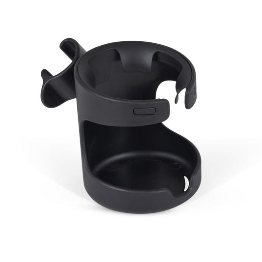 Black plastic cup holder attachment with a side clip.