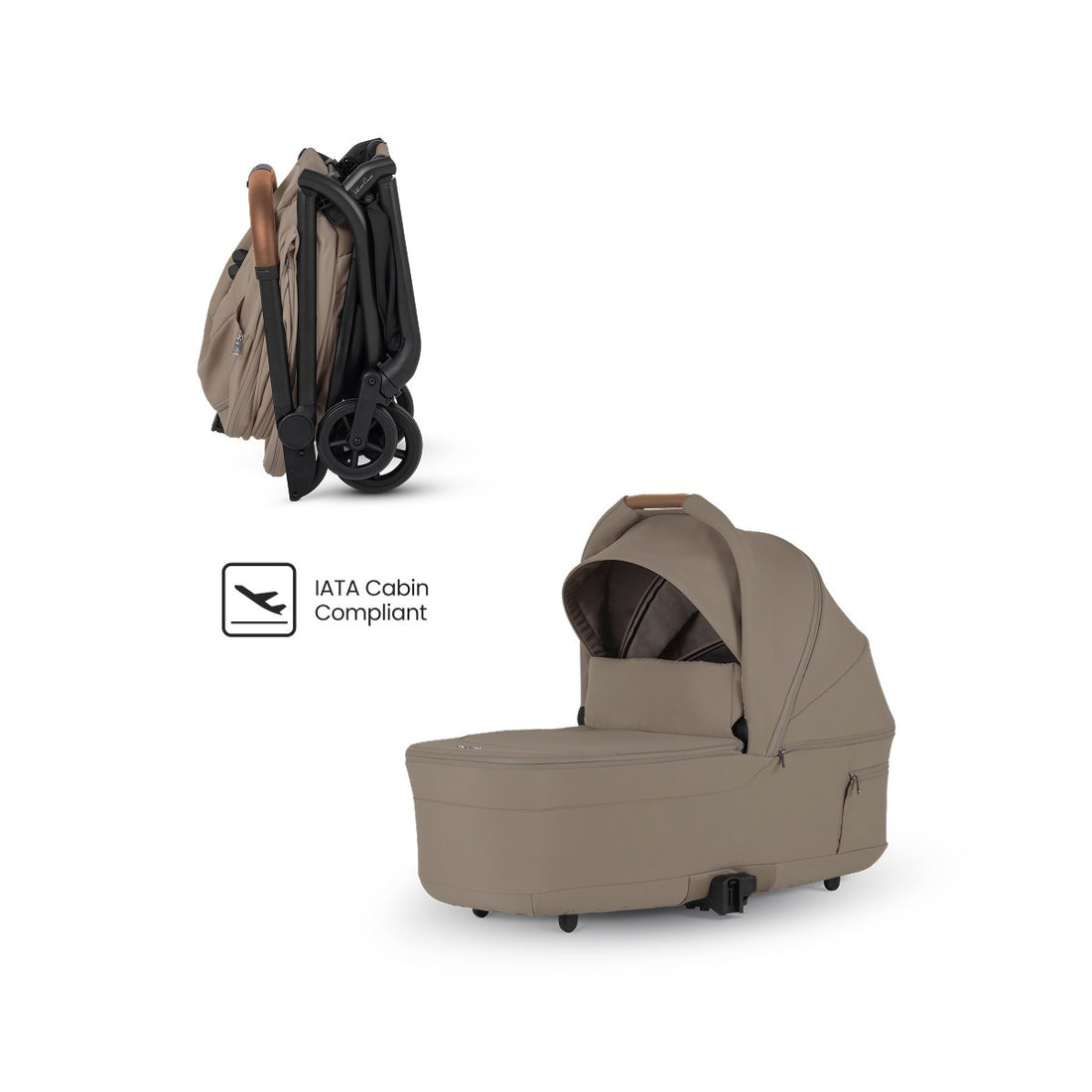 Beige travel stroller shown compactly folded alongside a matching beige bassinet and an "IATA Cabin Compliant" logo.