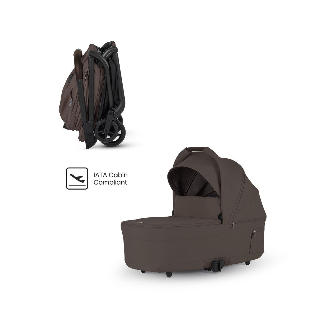 Brown travel stroller shown compactly folded alongside a matching brown bassinet and an "IATA Cabin Compliant" logo.