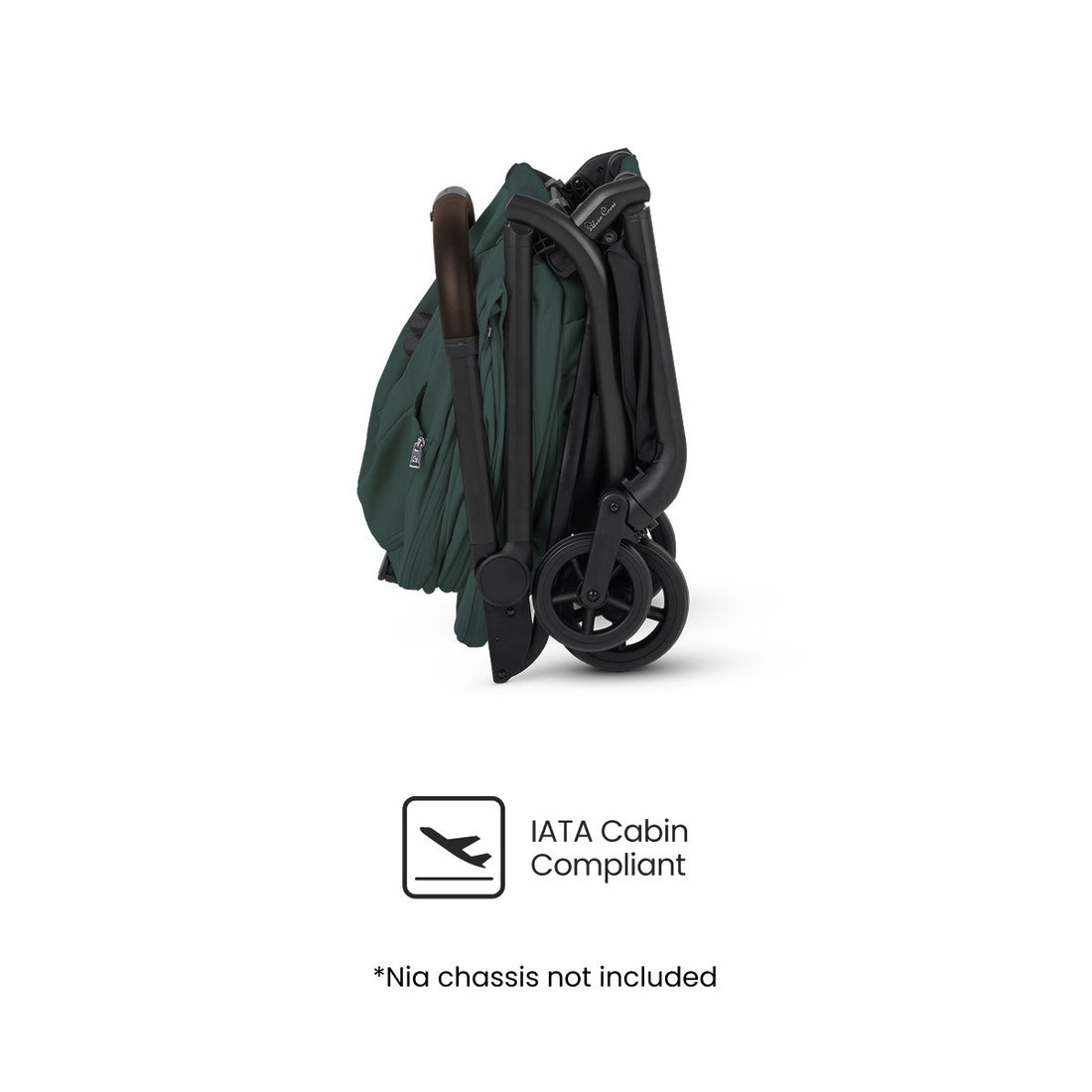 Side profile of a dark green, compactly folded travel stroller displayed above an "IATA Cabin Compliant" logo.