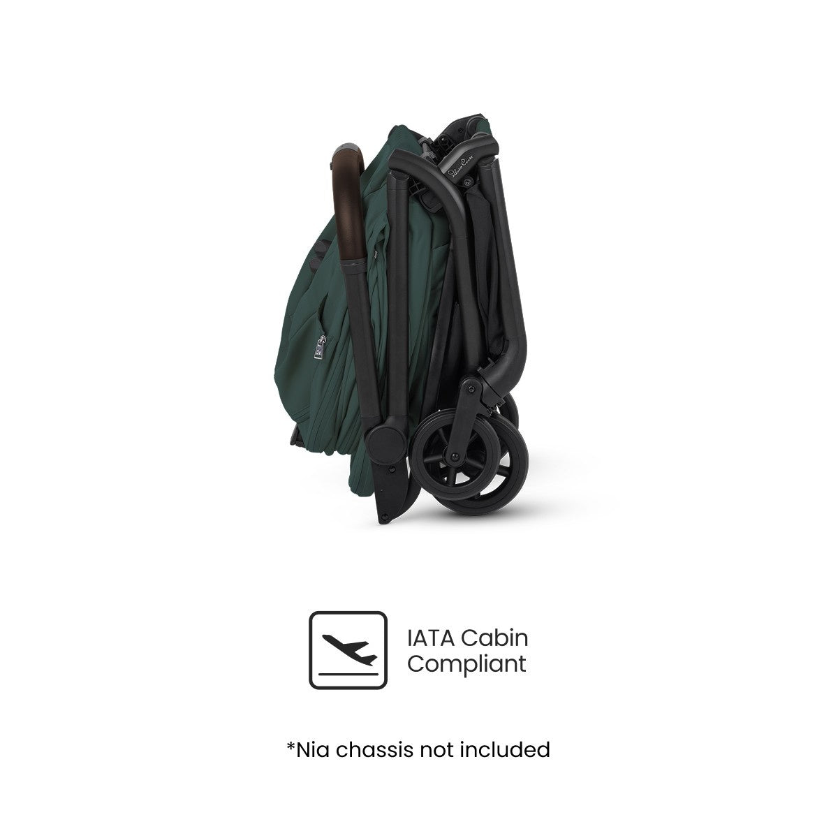 Side profile of a dark green, compactly folded travel stroller displayed above an "IATA Cabin Compliant" logo.