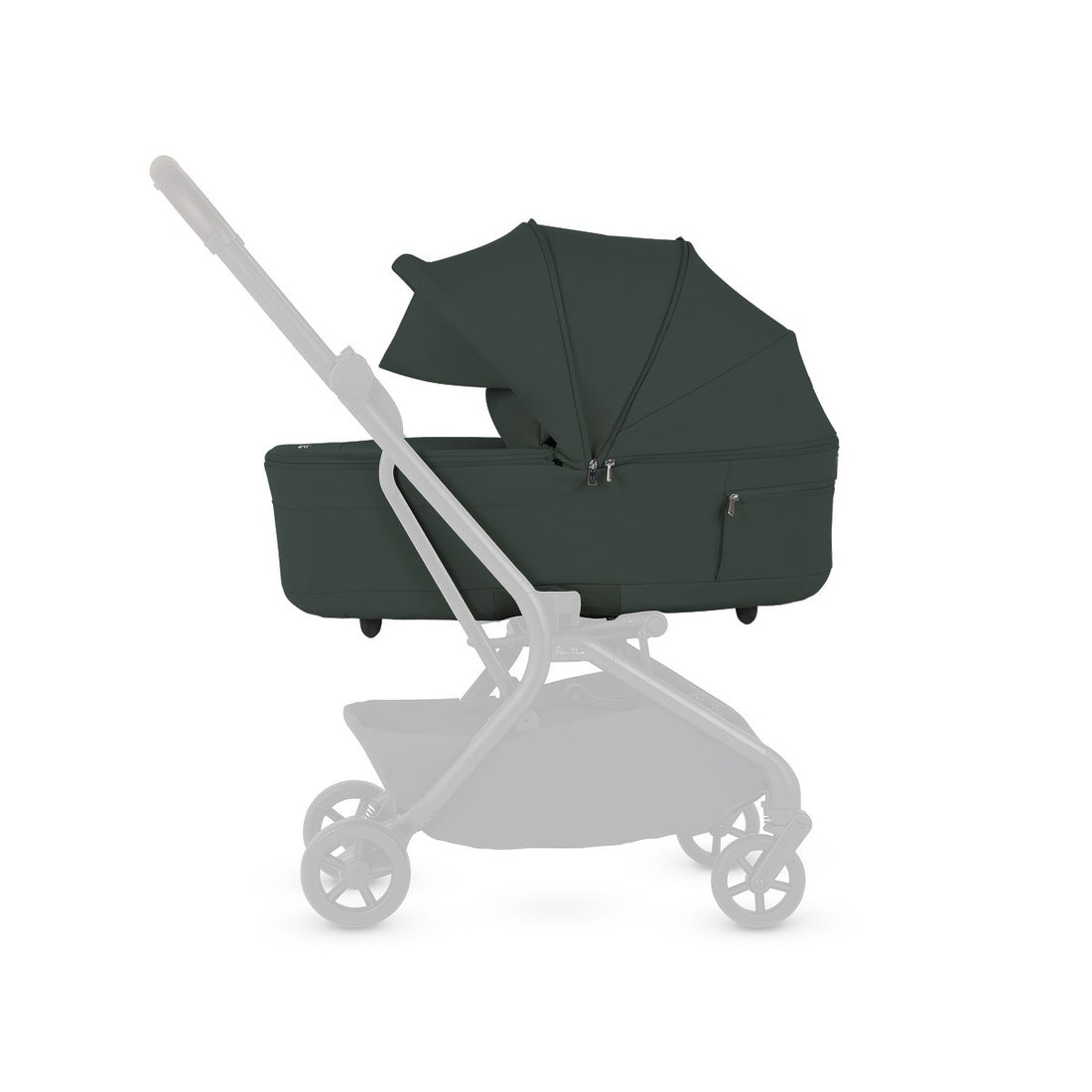 Side profile of a dark green stroller bassinet mounted on a faded stroller frame.