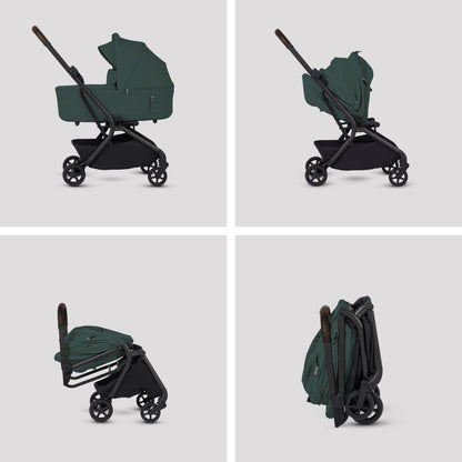 Four-part grid demonstrating the step-by-step folding sequence of a dark green stroller with an attached bassinet, from fully open to compactly folded.