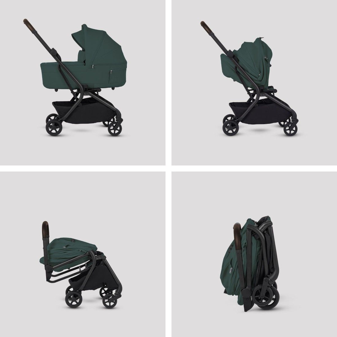 Four side views demonstrating the step-by-step folding sequence of an olive green stroller from bassinet mode to a compact fold.