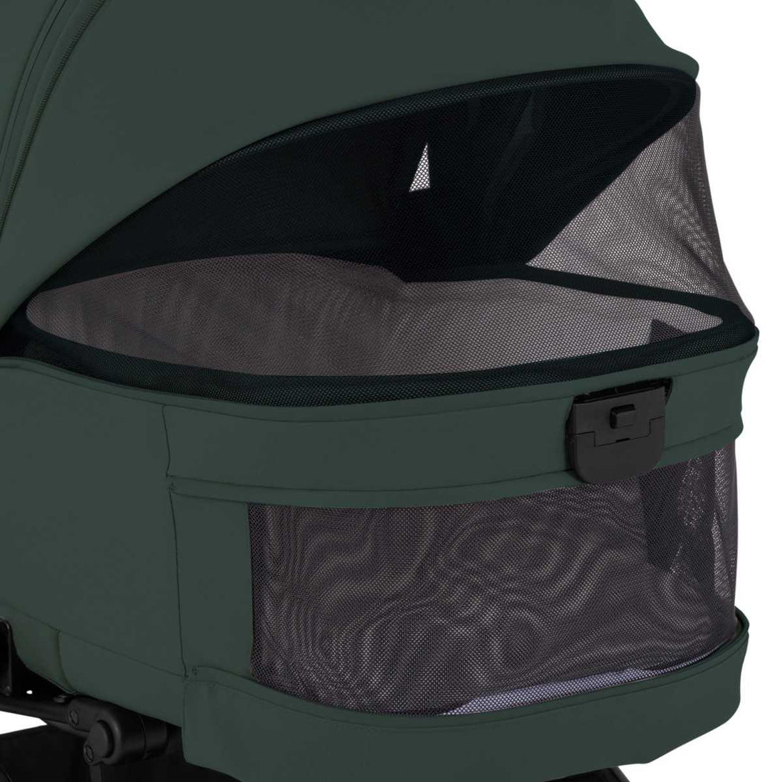 A close-up view of an olive green stroller bassinet showing ventilated mesh panels on the canopy and base.