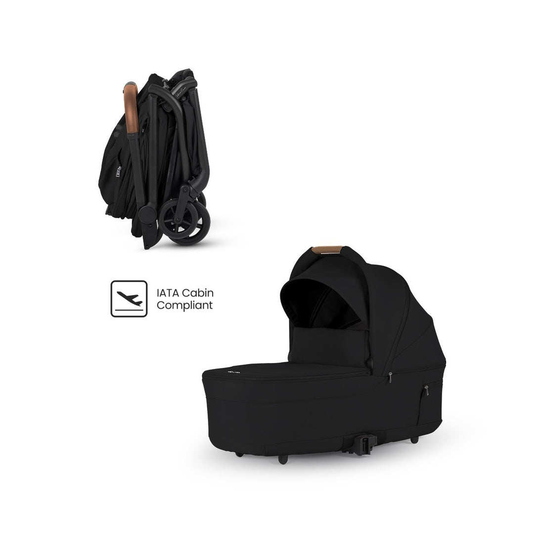 Black travel stroller shown compactly folded alongside a matching black bassinet and an "IATA Cabin Compliant" logo.