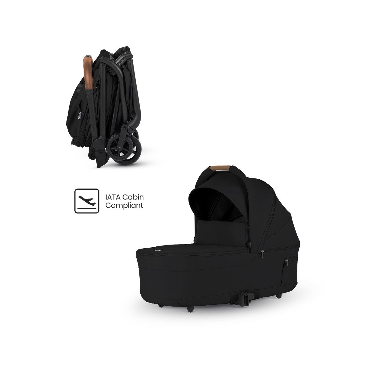 Black travel stroller shown compactly folded alongside a matching black bassinet and an "IATA Cabin Compliant" logo.