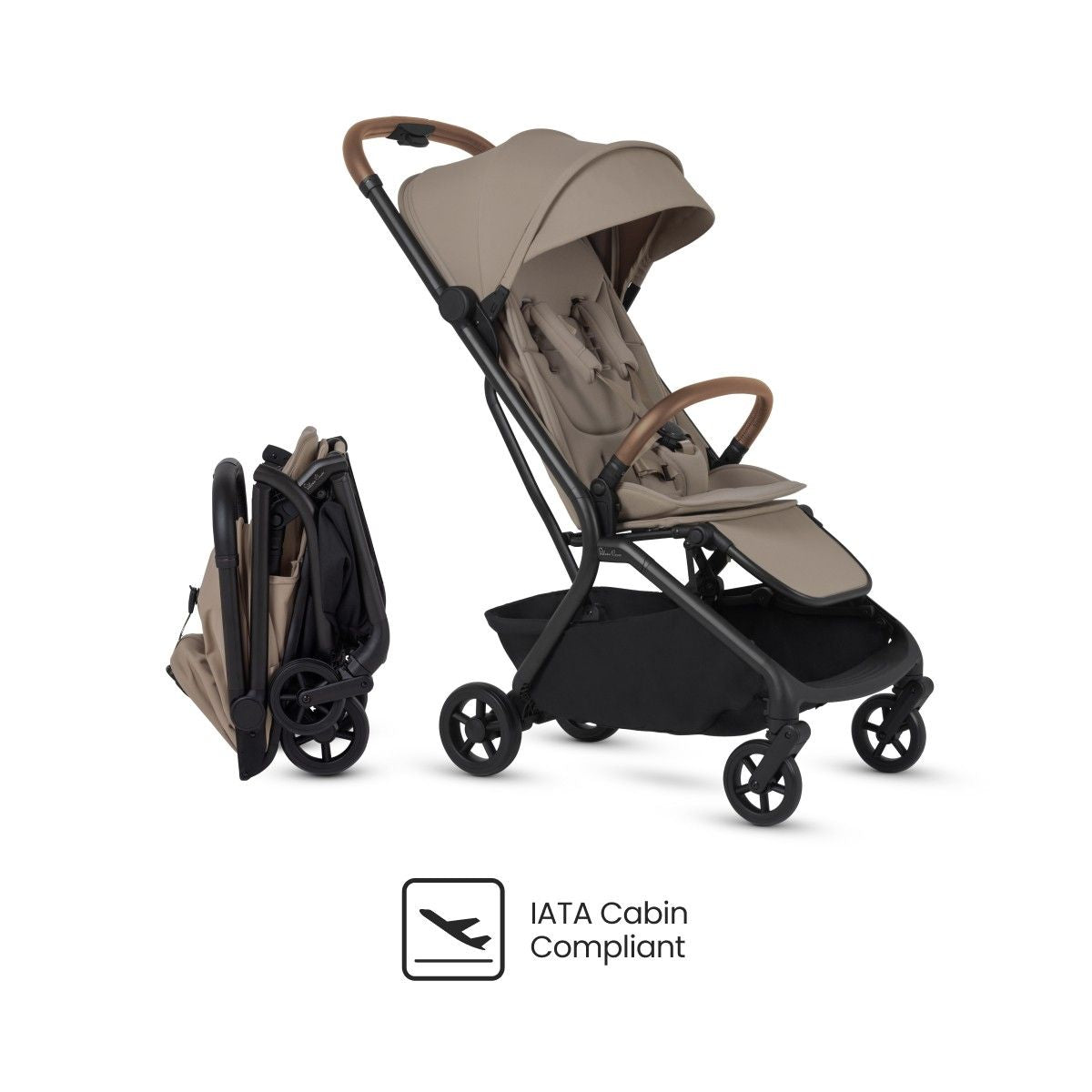 Beige travel stroller with tan handles shown both open and compactly folded above an "IATA Cabin Compliant" logo.
