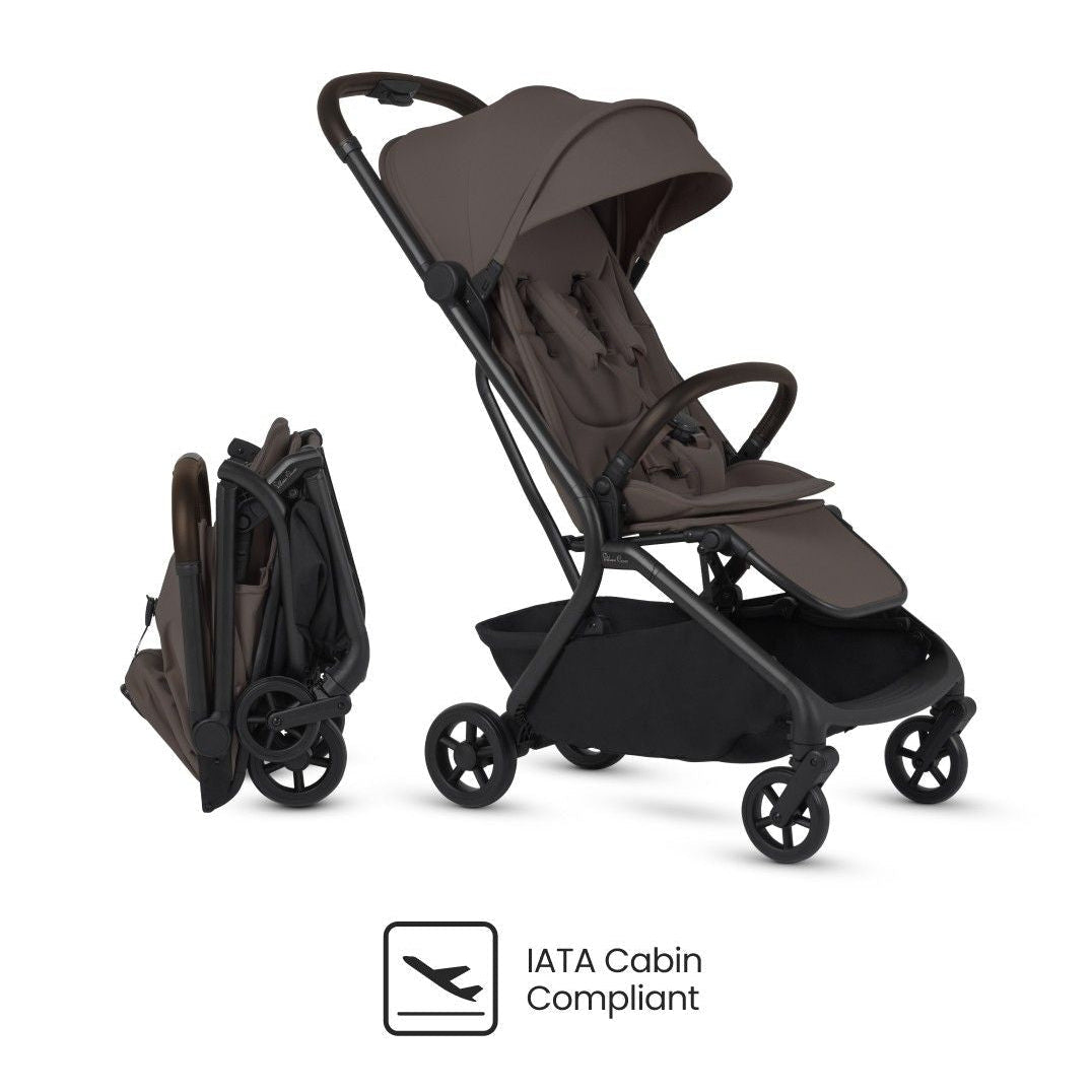 Brown travel stroller shown both open and compactly folded above an "IATA Cabin Compliant" logo.