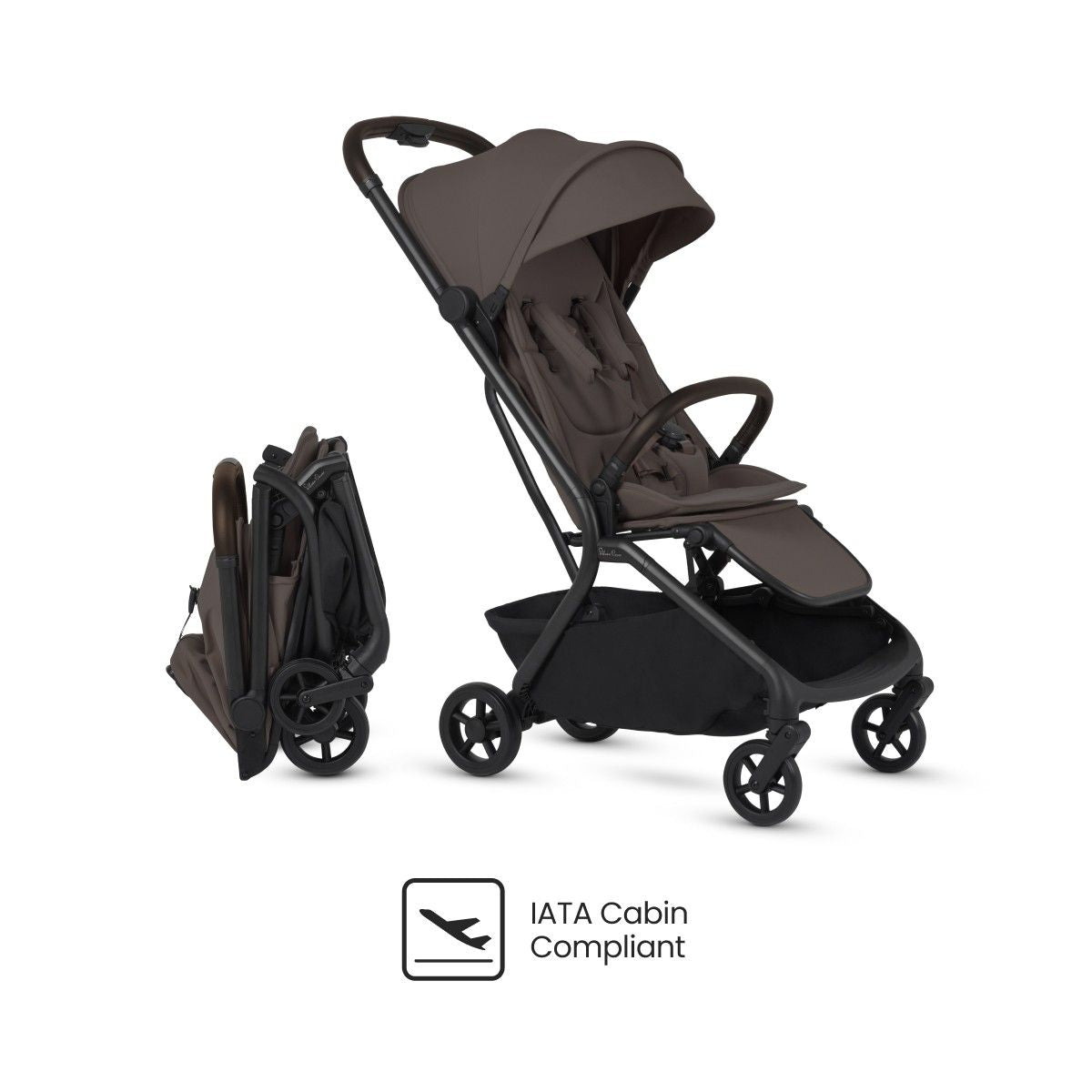 Brown travel stroller shown both open and compactly folded above an "IATA Cabin Compliant" logo.