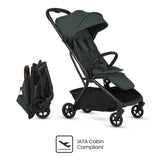 Dark green travel stroller shown both open and compactly folded, alongside an "IATA Cabin Compliant" logo.