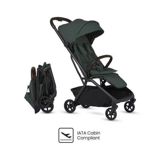 Dark green travel stroller shown both open and compactly folded, alongside an "IATA Cabin Compliant" logo.