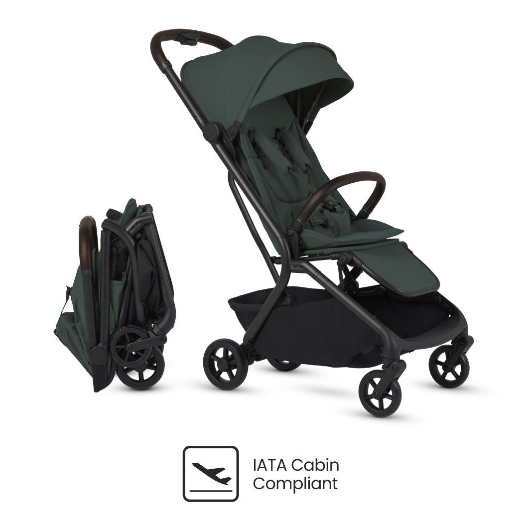 An olive green lightweight stroller shown fully open alongside its compactly folded form.