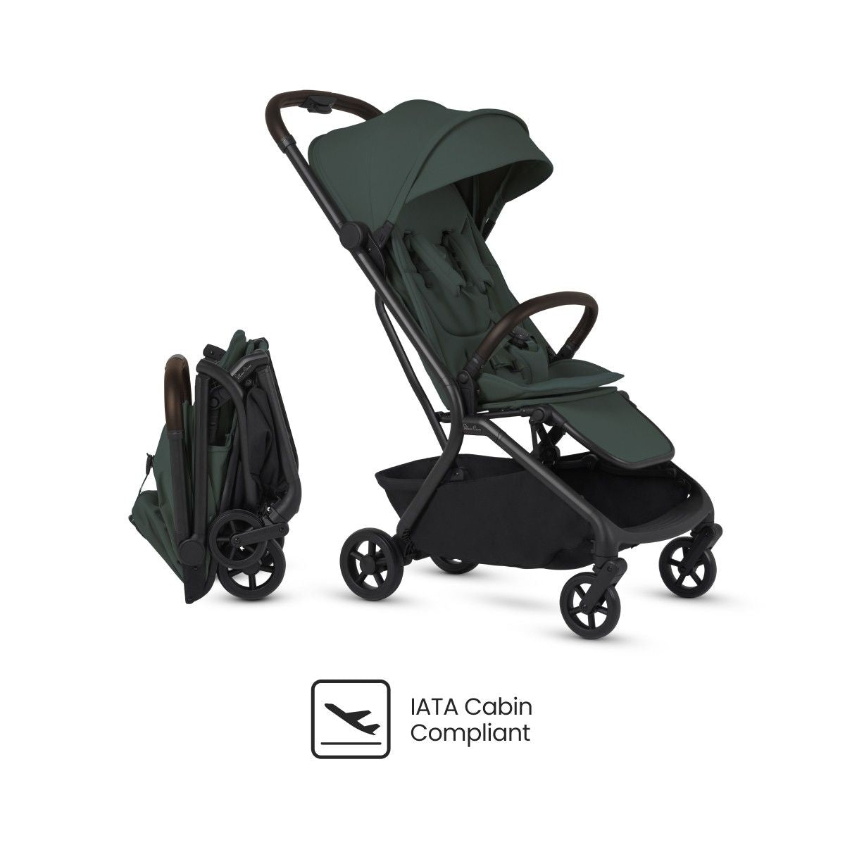 Dark green travel stroller shown both fully open and compactly folded above an "IATA Cabin Compliant" logo.