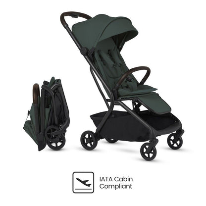Dark green travel stroller shown both fully open and compactly folded above an "IATA Cabin Compliant" logo.