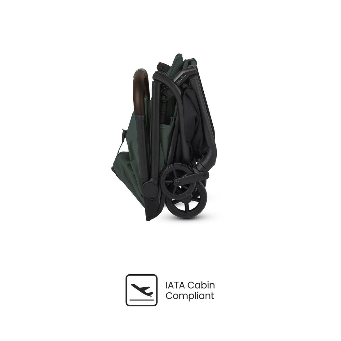 Dark green travel stroller shown compactly folded from a side profile, displayed above an "IATA Cabin Compliant" logo.