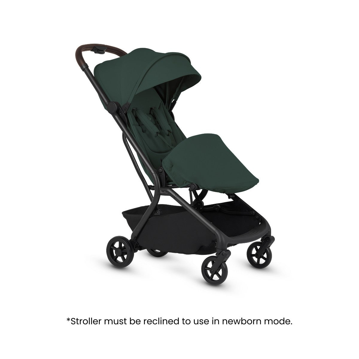 Dark green travel stroller shown in a reclined position with a footmuff, displayed above text noting it must be reclined for newborn mode.