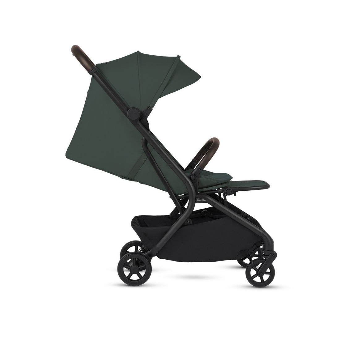 Side profile of an open, dark green travel stroller with an extended canopy and black frame.