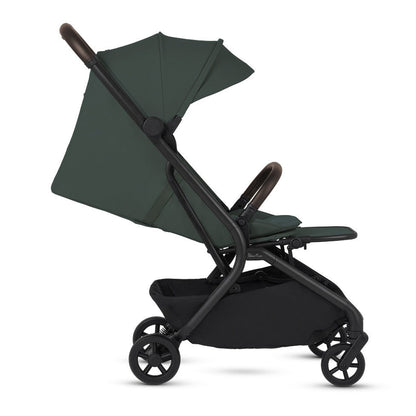 A side profile view of an open olive green stroller with a brown handlebar and bumper bar.